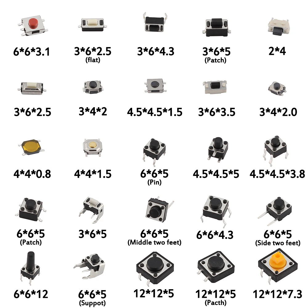 125pcs 25 Tipi/lotto Assortiti Button Micro Spingere Interruttore di Tatto di Reset Mini Foglia Interruttore SMD DIP 2*4 3*6 4*4 6*6 kit fai da te elettronico