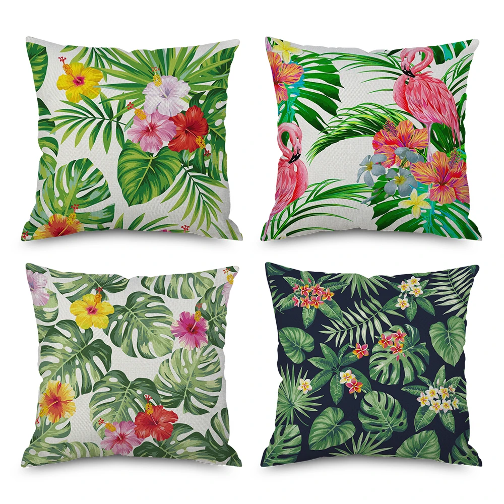 

Hawkalice Green Leaf And Flamingo Throw Pillow Covers 4 PCS No Filler Linen Cushion Covers 18“X18” For Company Private Car Decor