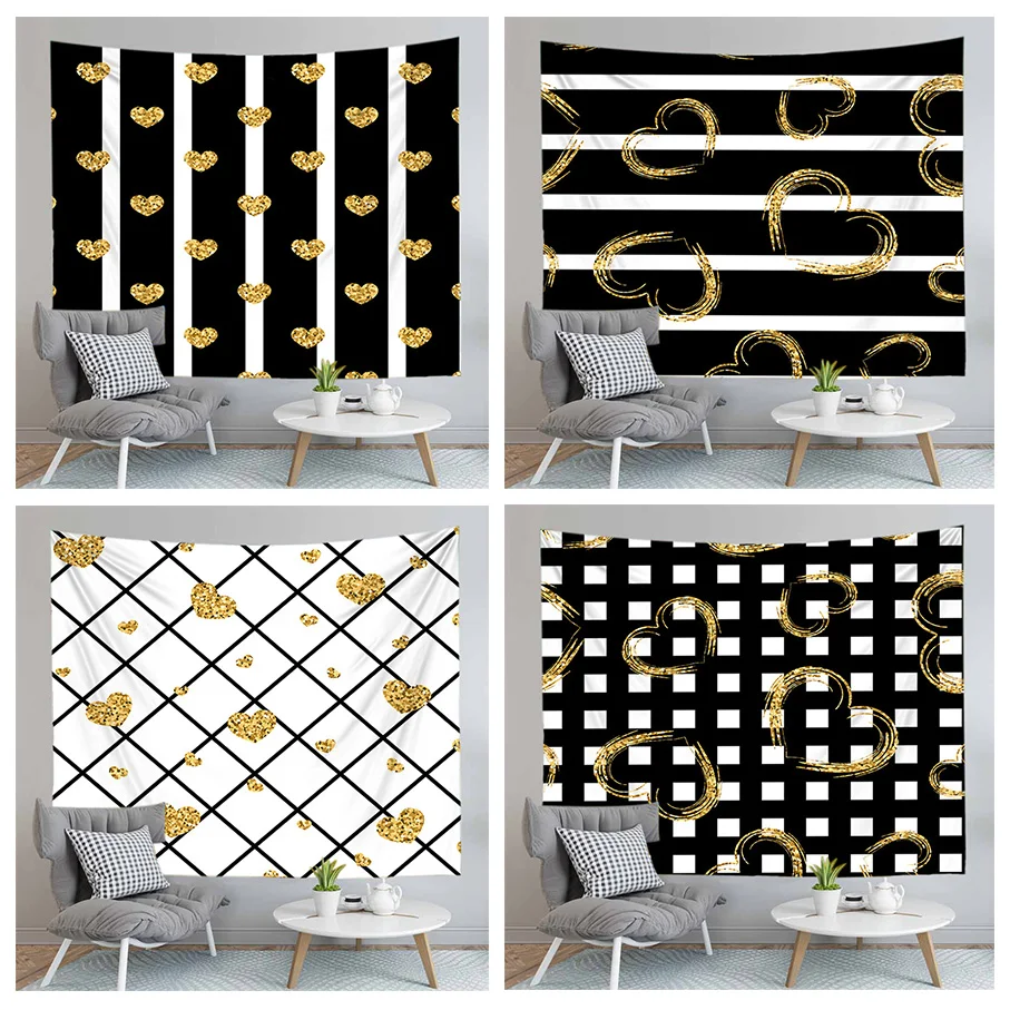 Настенный подвесной гобелен желтого цвета в виде сердца черно белая