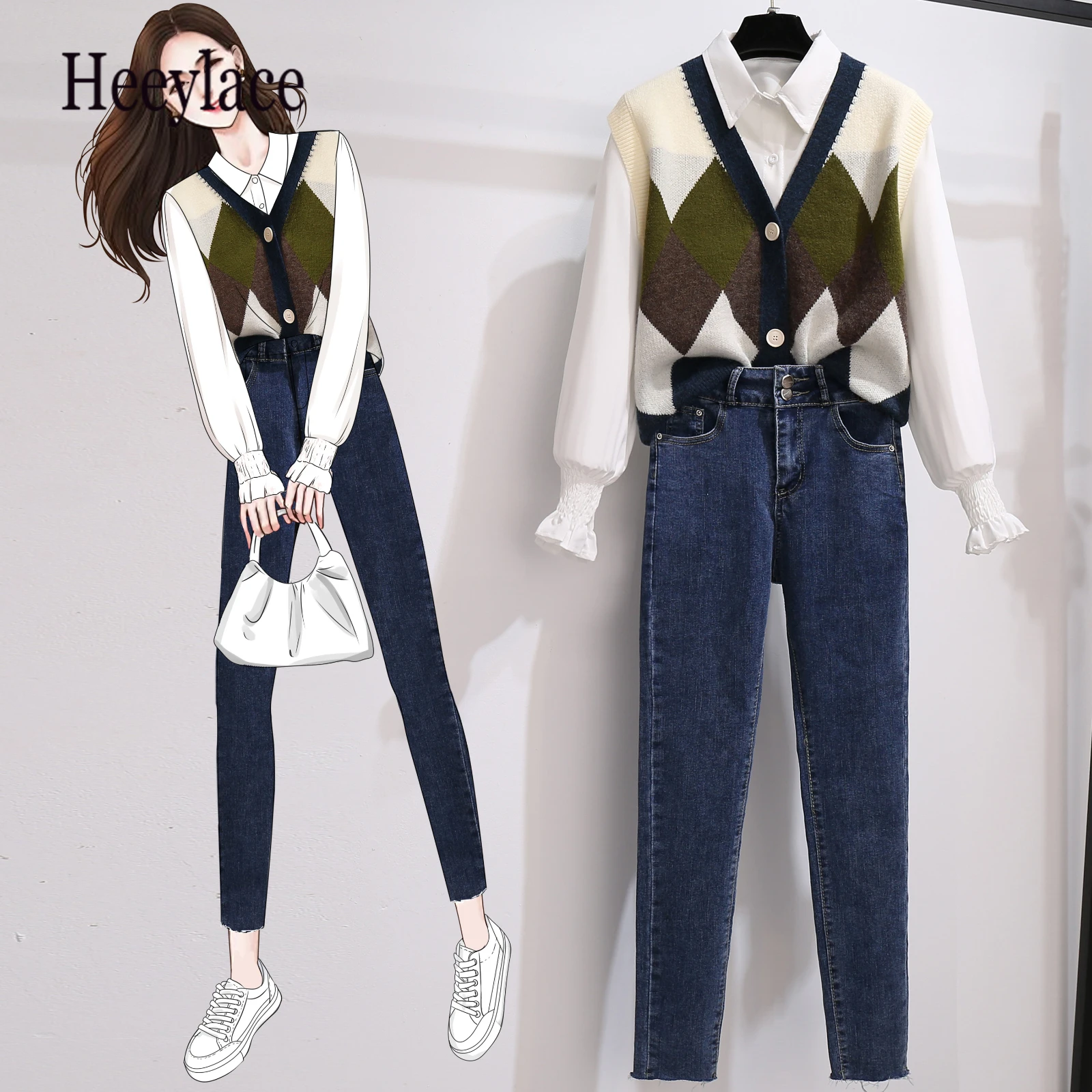 

Korean Casual three piece suit For Women Polo Collar Long Sleeve Blouse+Vintage Plaid Knitted Vest+Denim Long Pants Sets