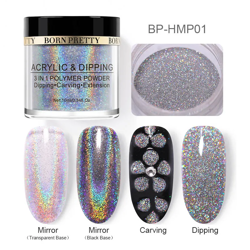 BP-HMP01 Born pretty, голографическая зеркальная окунь, 4 в 1, порошок для ногтей, 10 мл, акриловая резьба, полимерная пудра для ногтей, блестящее украшение - Цвет: BP-HMP01
