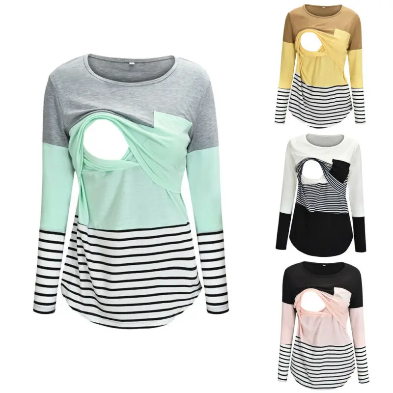 

Women Pregnant Maternity Nursing Tops Mom Breastfeeding T-Shirt Long Sleeve Pacthwork Striped Casual Top Outfits