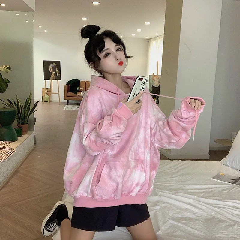 Корейские уличные милые синие толстовки KPOP галстук окрашенные Свободные Harajuku пуловер Tumblr Kawaii с длинными рукавами розовый свитер с капюшоном