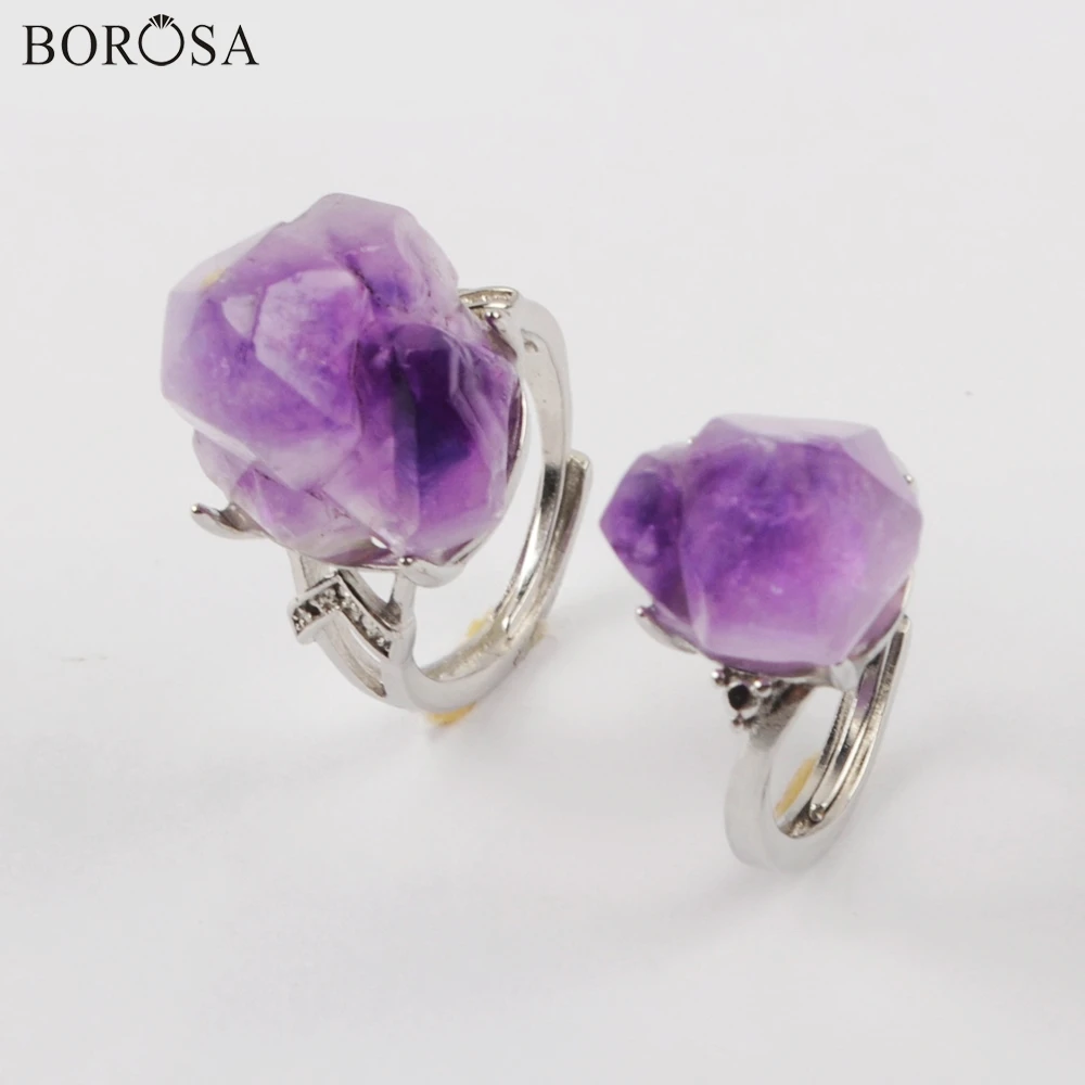 

BOROSA 10 шт покрытый серебром Натуральный Аметист граненые Открытые Кольца смешанные различные ободок коготь фиолетовый кристалл кварцевые кольца ZG0432