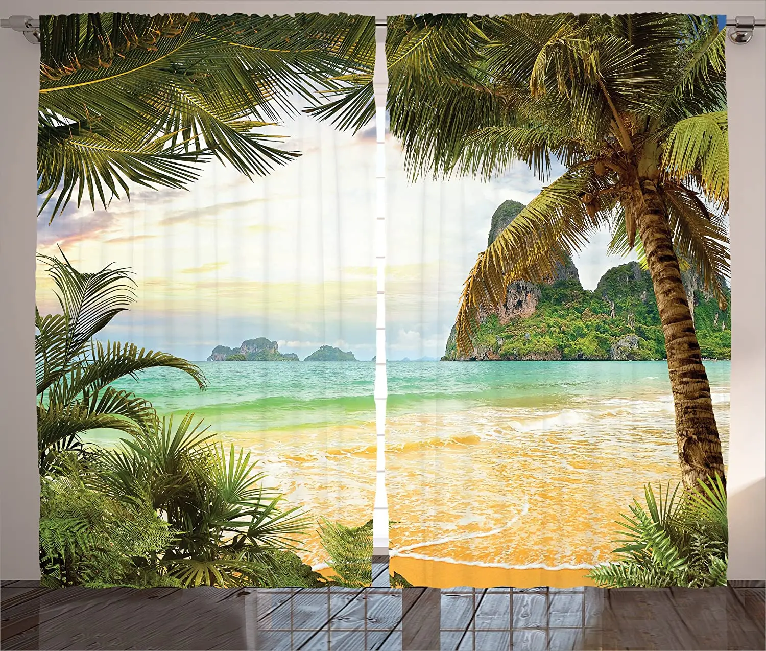 

Ocean Curtains Palm Coconut Trees and Ocean Waves Across Mountains On Paradise Island Beach Image Living Room Bedroom Decor