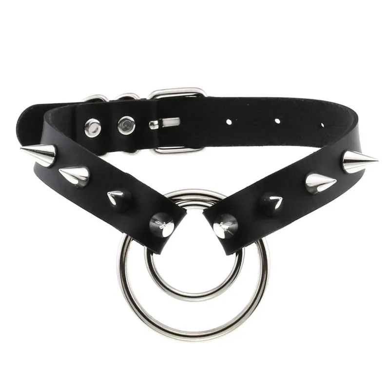 

New Leather Rivet Spike Choker ON Neck Collar Necklace Women Punk Goth Jewelry Double Circle Pendant Choker Gothic Accessories