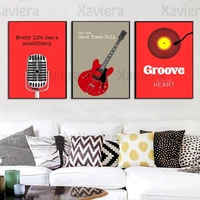 music room wall art canvas painting microphone electric guitar record album quotes modern red posters and prints home decoration