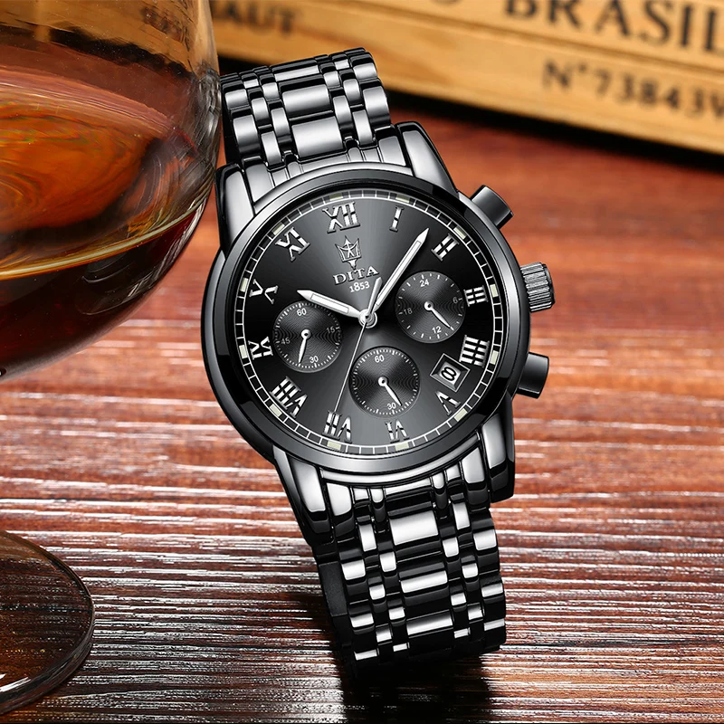 

DITAWATCH WReloj Hombre Luxury Brand Watch Men Stainless Steel Diamond Men's Quartz Watch Clock Display Date Week Wrist Watches