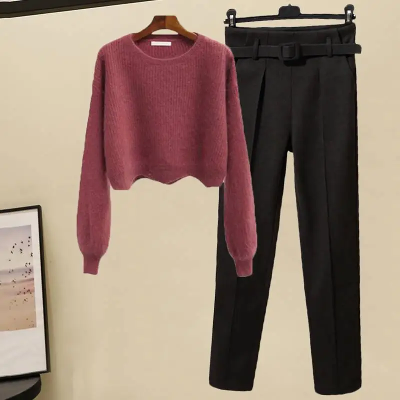 

Women 2020 Autumn Winter Elegant Casual Pants Sets Female Long Sleeve Knitted Pullover Sweater+High Waist Woolen Pants Suit N302