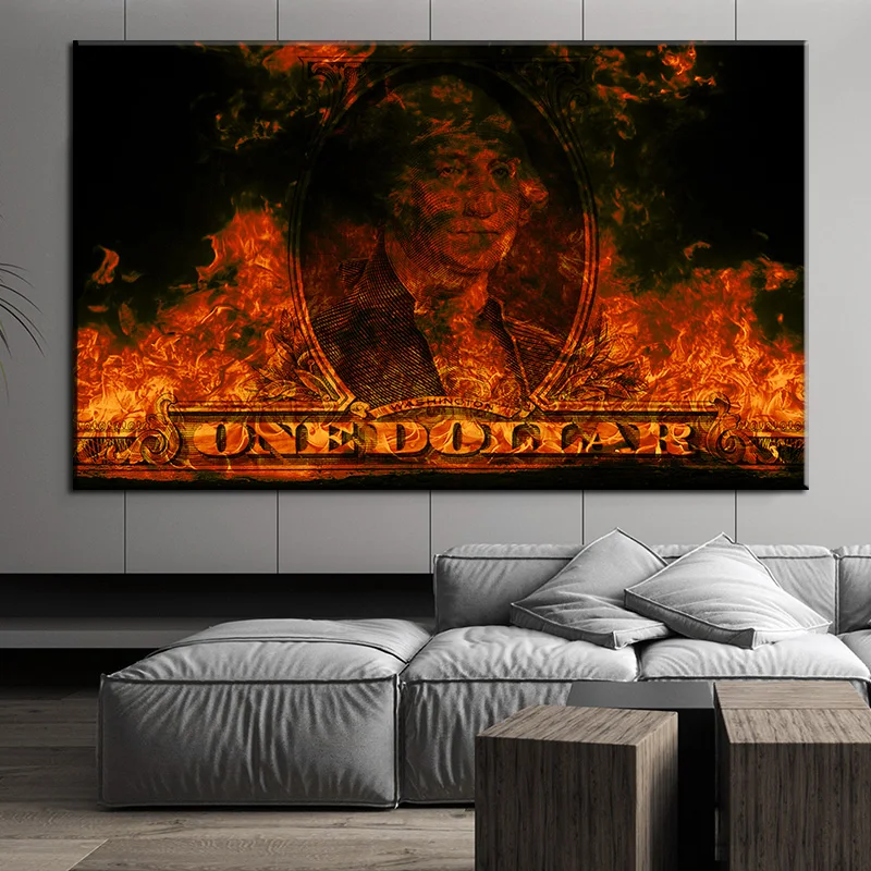 

Burning Dollar Canvas Painting Inspirational Motivational Posters and Prints Wall Pictures Modern Living Room Office Home Decor