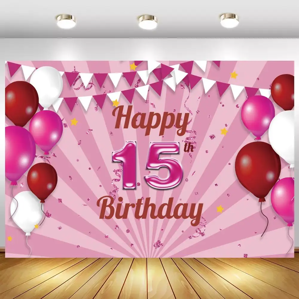

Фон для фотосъемки с надписью «Happy 15-й день рождения», воздушные шары, торт, праздничный баннер, 16 вечерние чных фонов, фотография для домашне...