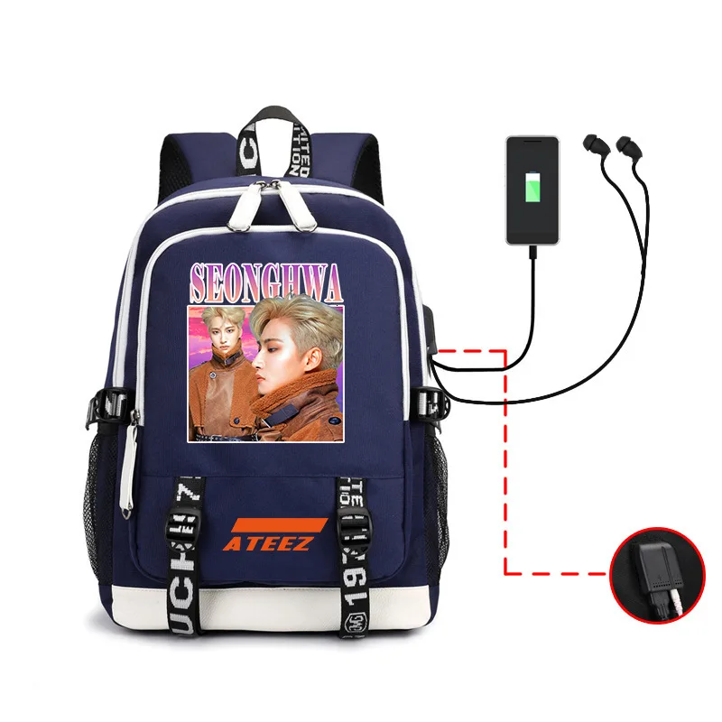Kpop Ateez рюкзак периферийная сумка мужская и женская сумка на оба плеча Usb гарнитура линия компьютерная упаковка - Цвет: Blue -seoinghwa