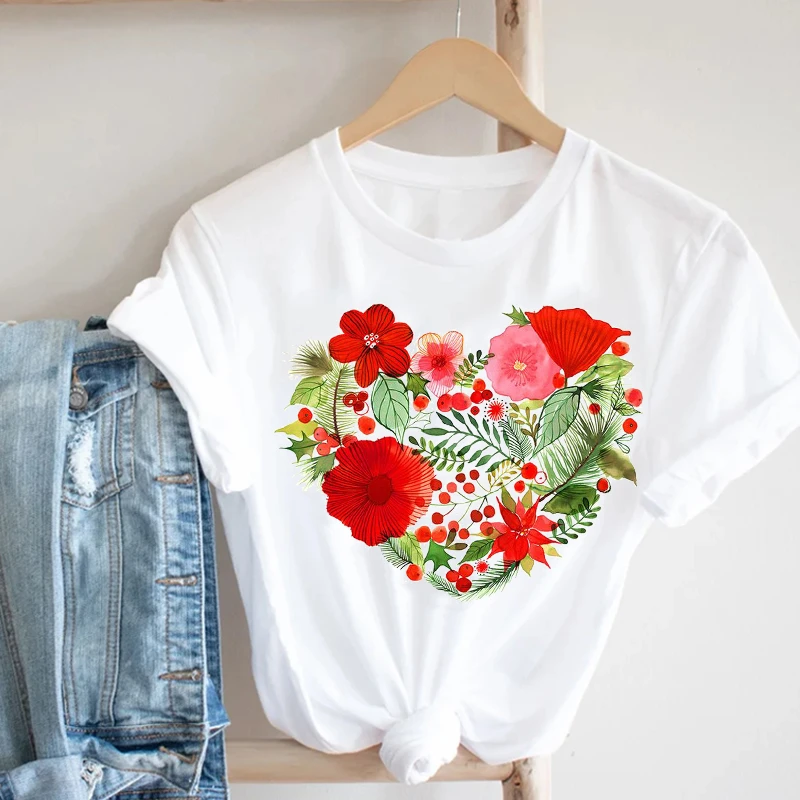 

Summer New Fashion Heart Flowers Graphic Printed Women T-shirt Female Harajuku Casual Tshirts Girls Short Sleeve Tops Tee