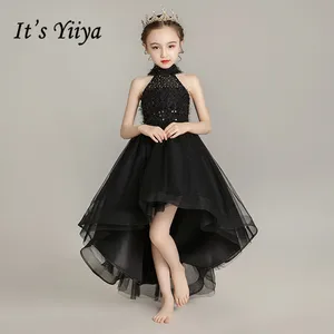 Черное платье с цветочным узором для девочек, элегантное вечернее платье It's Yiiya B094 с лямкой на шее, без рукавов, длиной до пола, 2020, Тюлевое платье принцессы для девочек