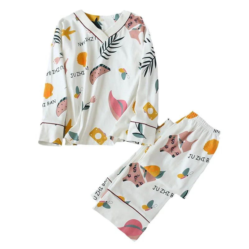 

2019 Spring And Autumn New Ladies Floral Pajamas Set Full Cotton Long Sleeve Top+Pants V-Neck Loose Sleepwear Femme Homewear Set