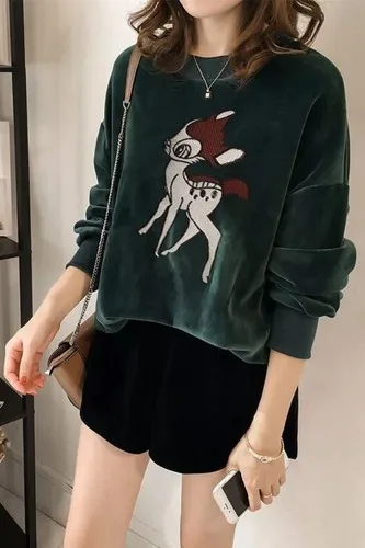 

Korean 2020 New Gold Velvet Sweatshirt Velvet Kawaii Clothes Loose Plus Size Keep Warm Sweatshirts Embroidery Deer Top Pullover