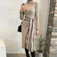 one piece color blocked knitted dress female with belt 2021 fall winter long sleeve stand collar korean fashion ladies vestidos