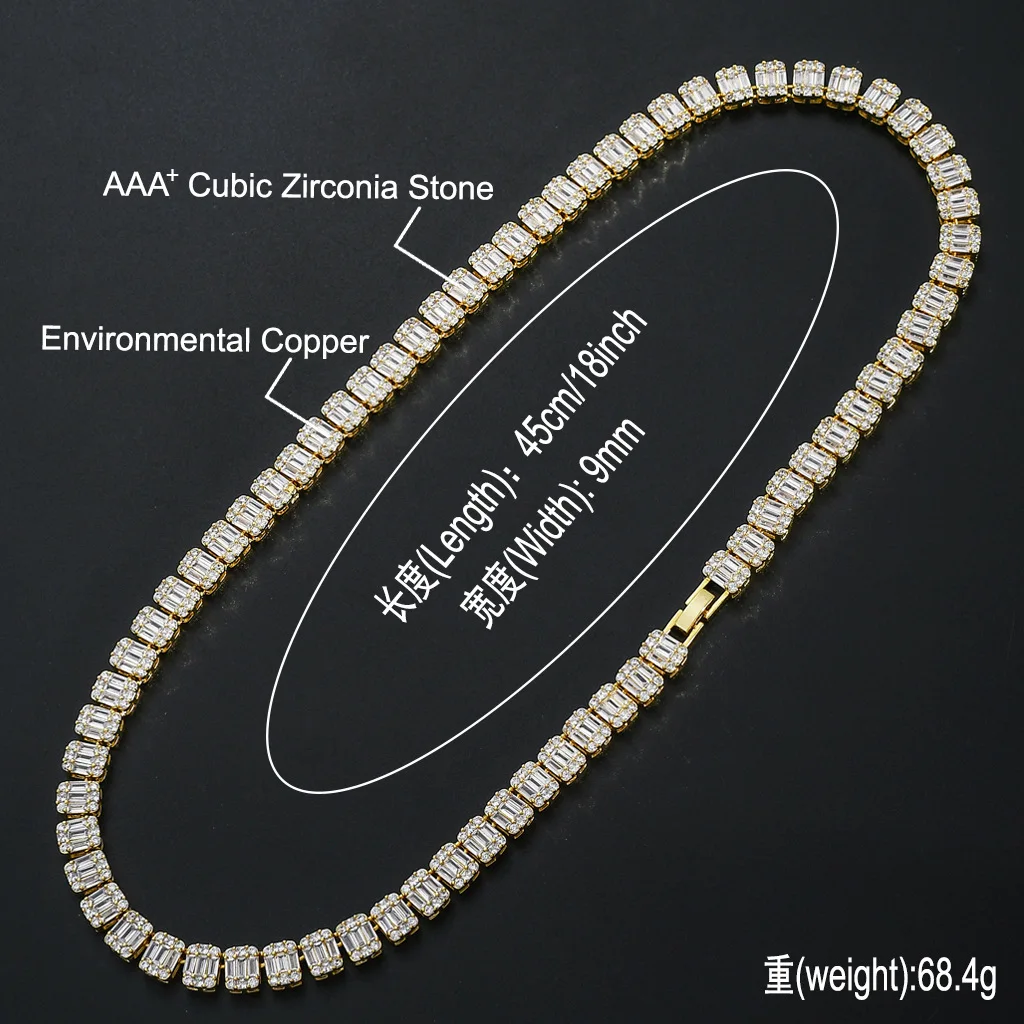 

Hip Hop 9MM Bling Iced Out Tennis Chain AAA+ CZ Stone Cubic Zircon 14k Gold Plated Fine Jewelry Necklaces Bracelets for Men Gift