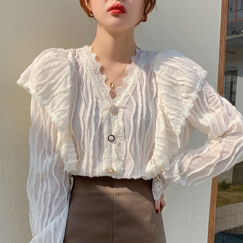 

RUGOD2021spring sweet v-neck simple solid termperament spring shirt fashion ruffles pleated all-match shirt 2021 new female tops