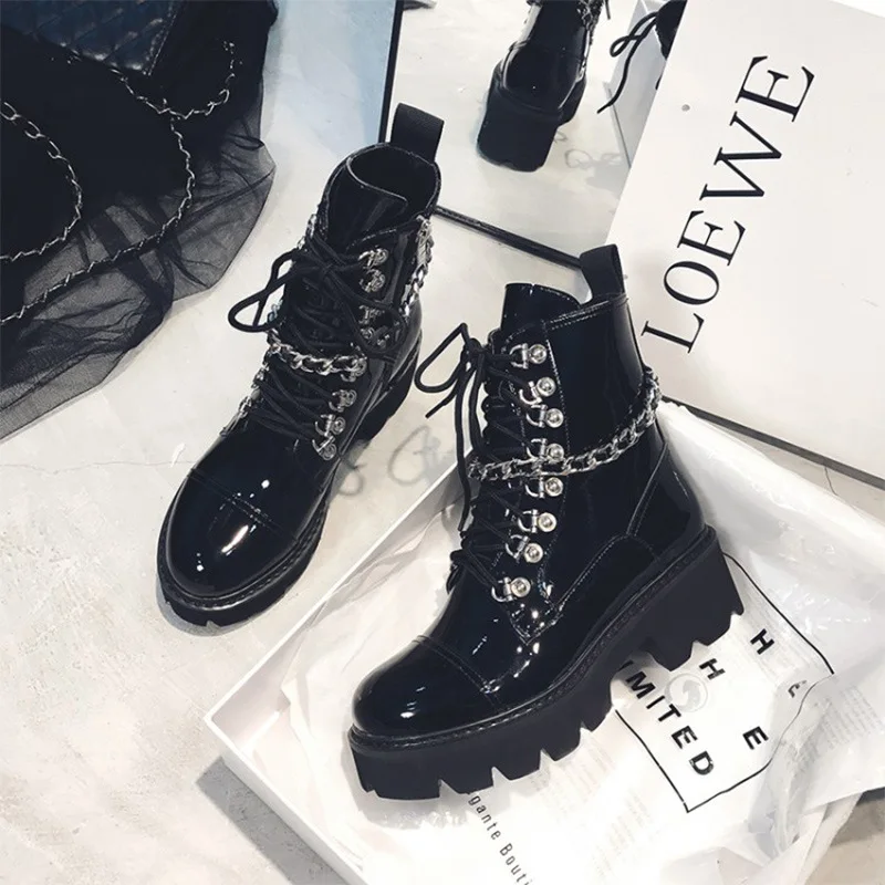 

Patent leather thick bottom trend British style black boots women's fashion high top punk boots motorcycle boots