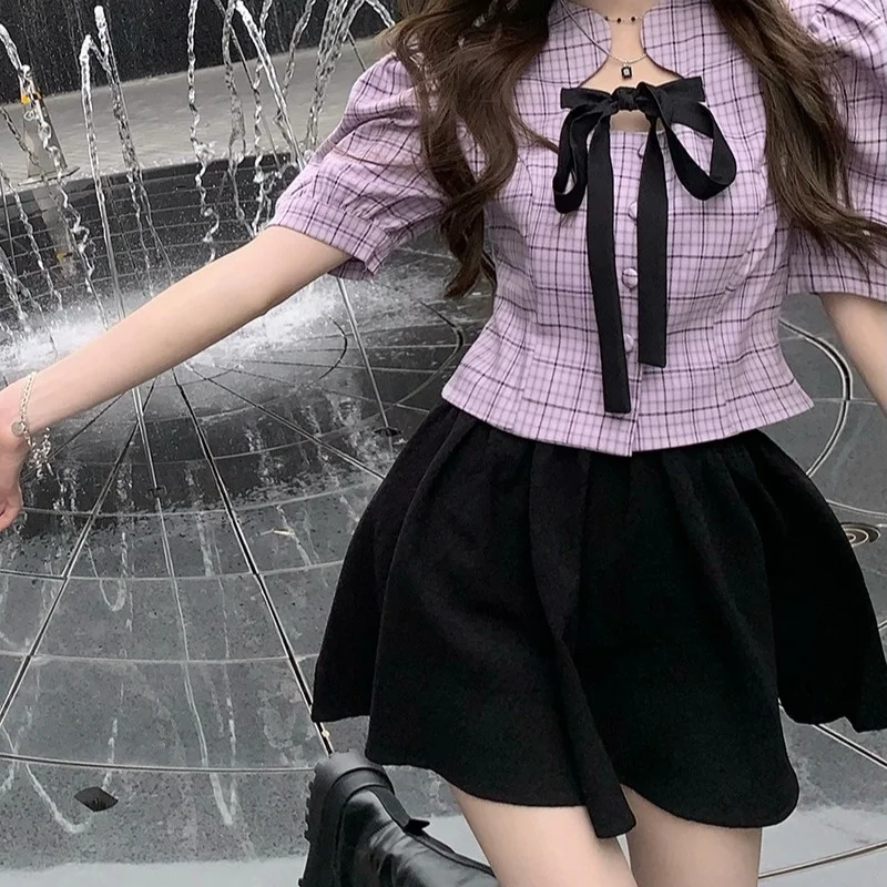 Клетчатая рубашка с рукавами фонариками женский дизайн летняя Новинка 2021