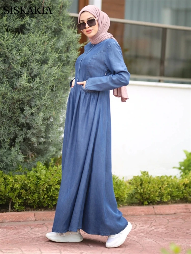 

Siskakia Cotton Denim Maxi Long Dress for Women Autumn 2021 Full Sleeve Button Pockets Casual Arabic Oman Muslim Turkey Clothes