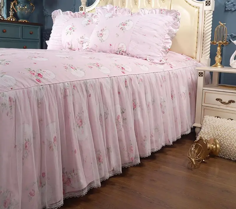 

3Pcs 150X200cm/180x200cm Pink Blue Princess Ruffled Lace Floral Bed Skirt Bed sheet set with Match Pillowcase Bed cover set