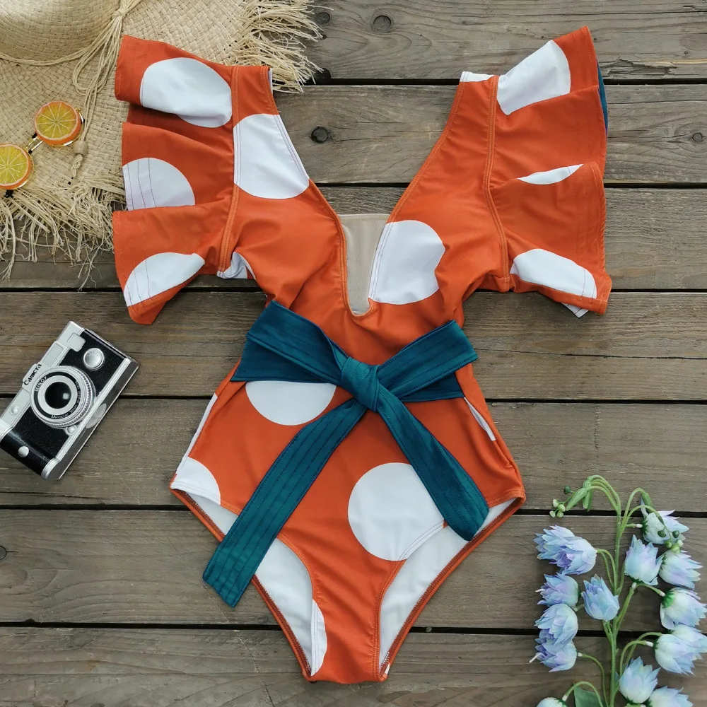 

Женский слитный купальник в горошек, купальный костюм с оборками на рукавах, завышенной талией и глубоким V-образным вырезом, пляжная одежда...