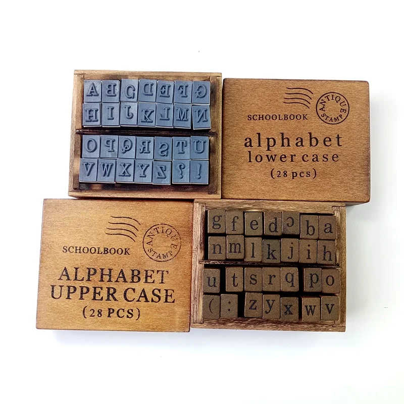 

4sets/lot DIY Multi Purpose Alphabet Letter Vintage Schoolbook Stamp Set Wood Rubber Stamps Set Wooden Box wholesale