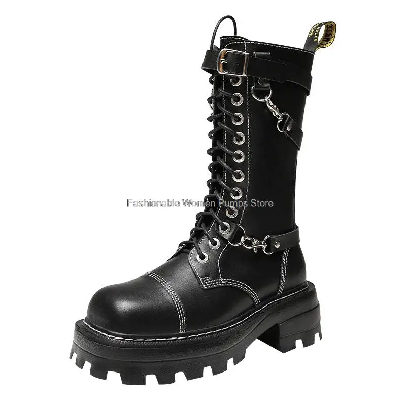 

2021 New Punk Martin boots Women Black White Leather Knight Motorcycle Boots Anti-slip Rubber Platform Ankle Boots Woman Winter