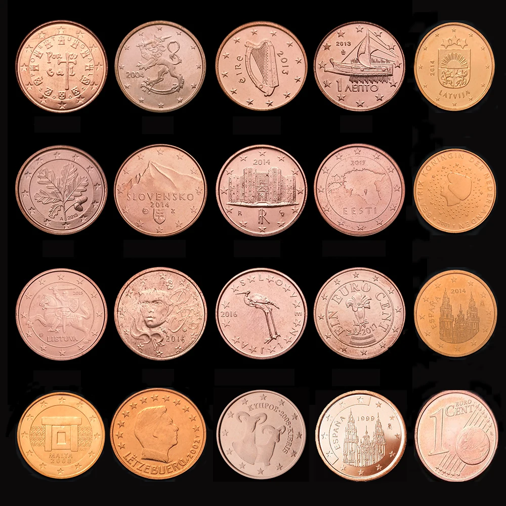 19 шт. евро 1 цент монеты Оригинальные европейские UNC Новые|unc| |