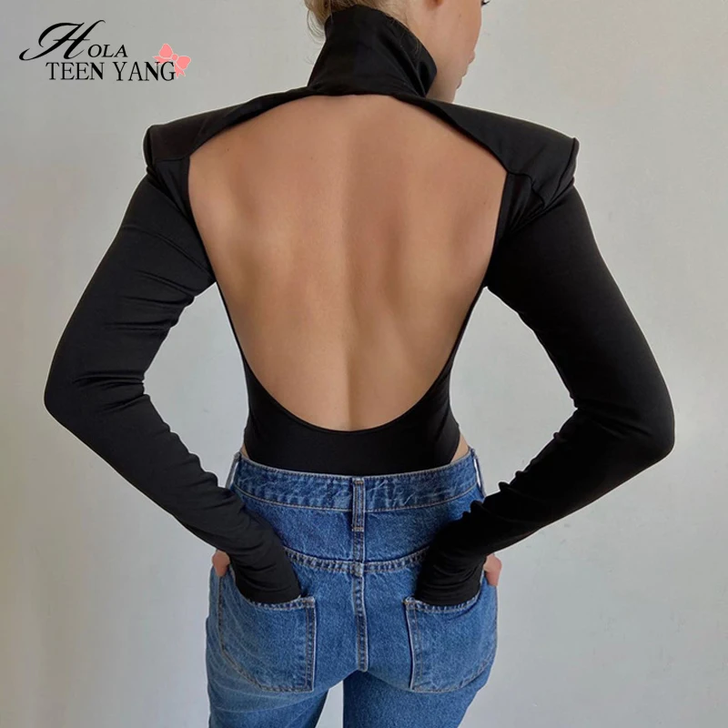 

Hola TeenYang Sexy Backless Bodysuits Turtleneck Elegant Club Party Women's Tops One Piece Outfit High Waist Bodysuit Rompers