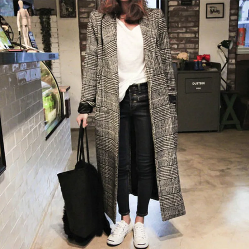 

Зимнее клетчатое элегантное шерстяное пальто, уличная одежда, теплый тренчкот, новинка, женское Свободное длинное шерстяное пальто из твид...