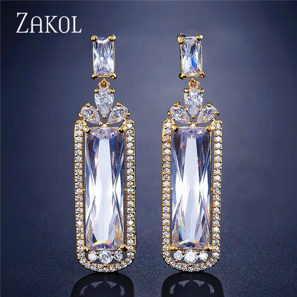 Gold Color ZAKOL прозрачные длинные висячие серьги с большим багетом из кубического циркония для женщин, свадебные вечерние ювелирные изделия FSEP2326 - Окраска металла: Gold Color