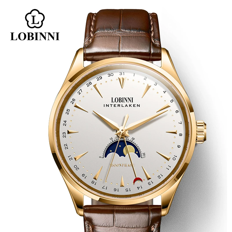 gold-white-brown-g Switzerland LOBINNI мужские часы люксовый бренд Moon Phase Чайка автоматические самозаводные механические мужские часы Сапфировая кожа - Цвет: gold-white-brown-g