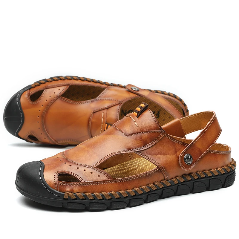 Мужские сандалии из сплит кожи без шнуровки с ремешком на щиколотке легкие