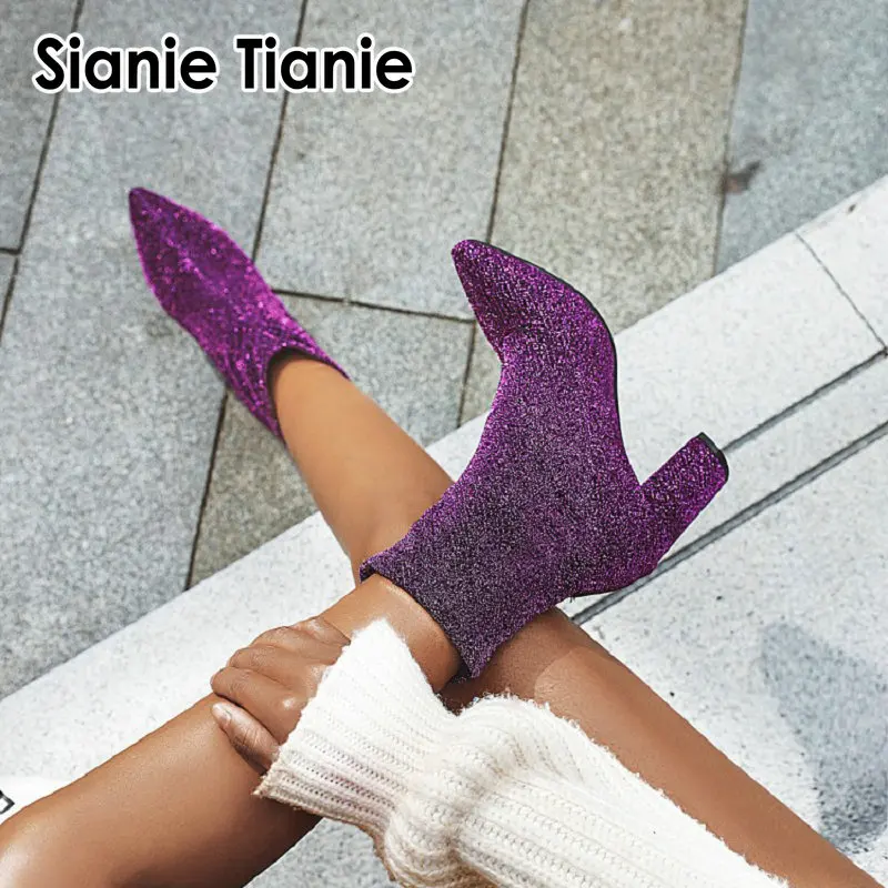 Sianie Tianie/блестящие женские Стрейчевые ботинки; цвет фиолетовый, серебристый; в клетку; леопардовый принт; сексуальный носок; ботинки; женские ботильоны на высоком каблуке