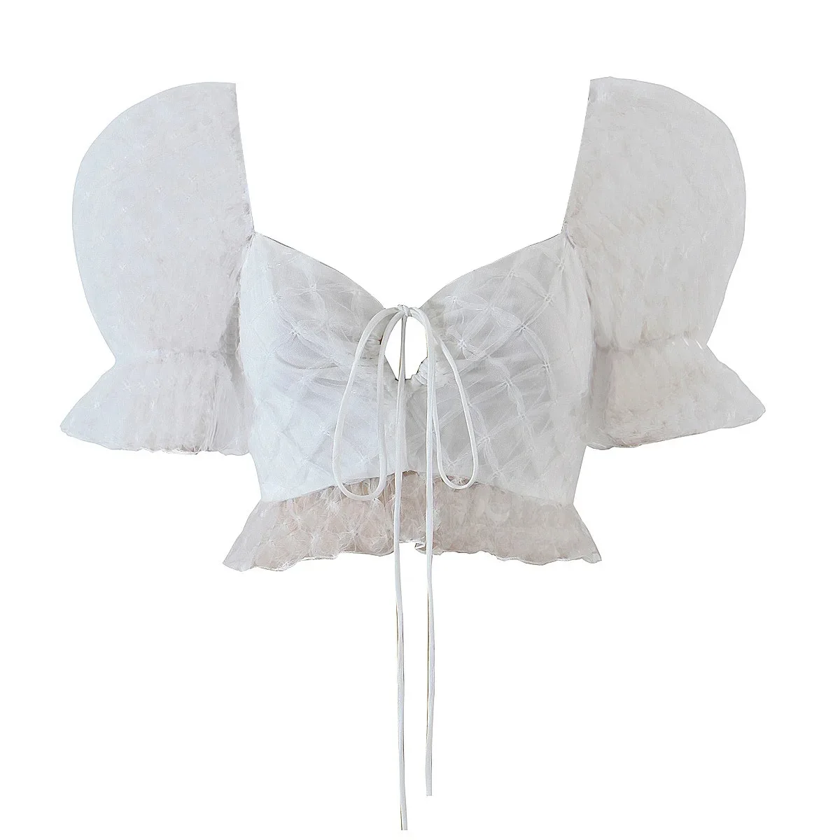

TVVOVVIN New Stylish Women's Summer Lantern Sleeve Shirt French Vintage Sexy Lace Bandage Short Blouse ORJX