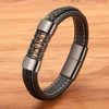XQNI Luxury Style Stainless Steel Cubic Zirconia Black Leather Men's Leather Bracelet Black/Steel For Birthday Party Gift 1