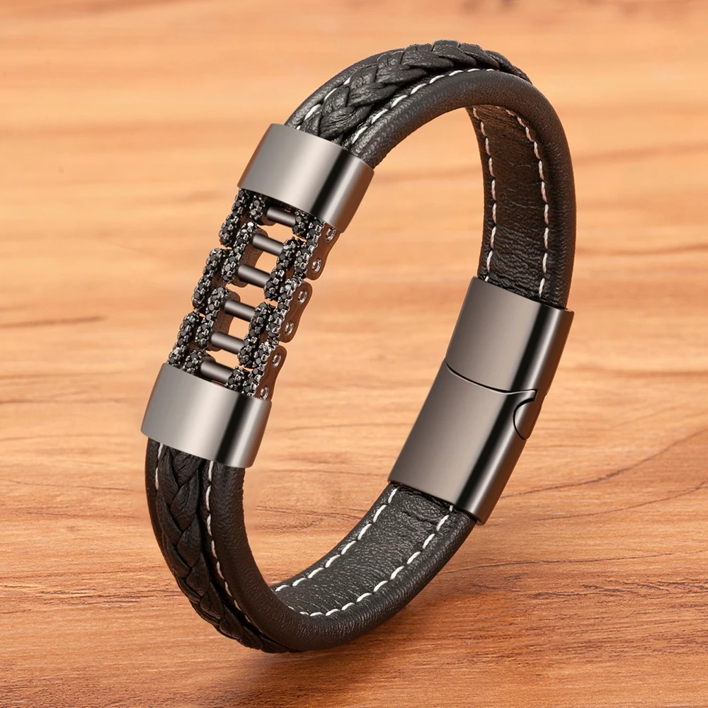 Luxury Style Stainless Steel Cubic Zirconia Black Leather Men's Bracelet Gold/Black/Steel Color For Birthday Party Gift | Украшения и