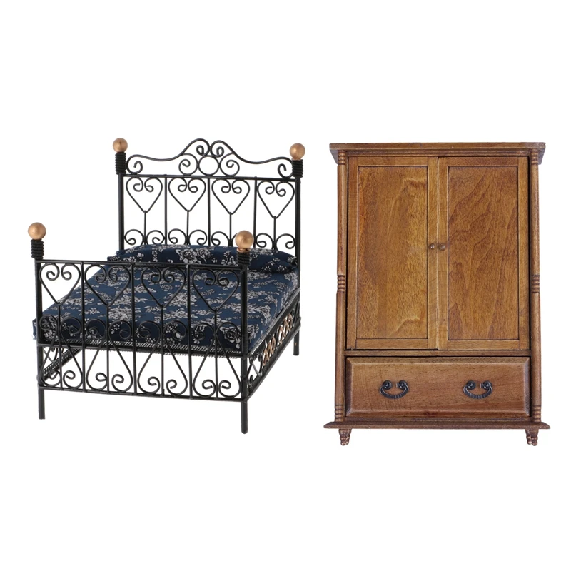 

Винтажный деревянный шкаф в масштабе 1:12, кукольный домик и мебель для спальни, металлическая кровать с наматрасником, аксессуары, игрушка, ч...