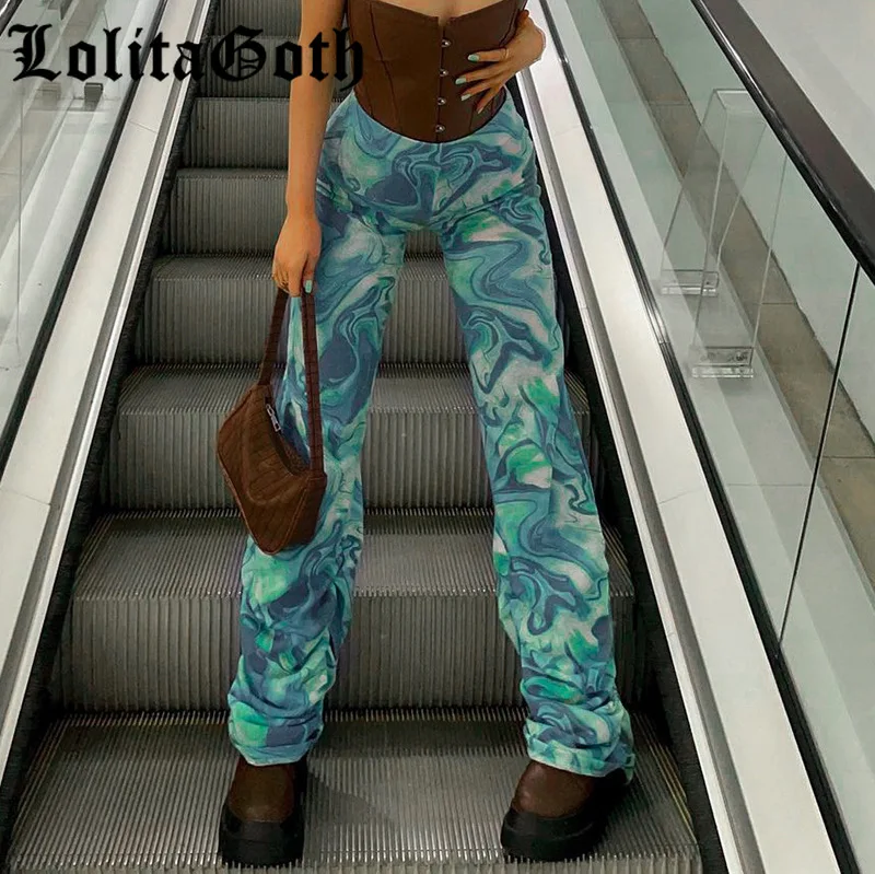 

Lolita Goth Casual Sweatpants 2021 90S High Waist Vintage Print Stacked Pants Summer Women Fashion Streetwear Y2K Trousers