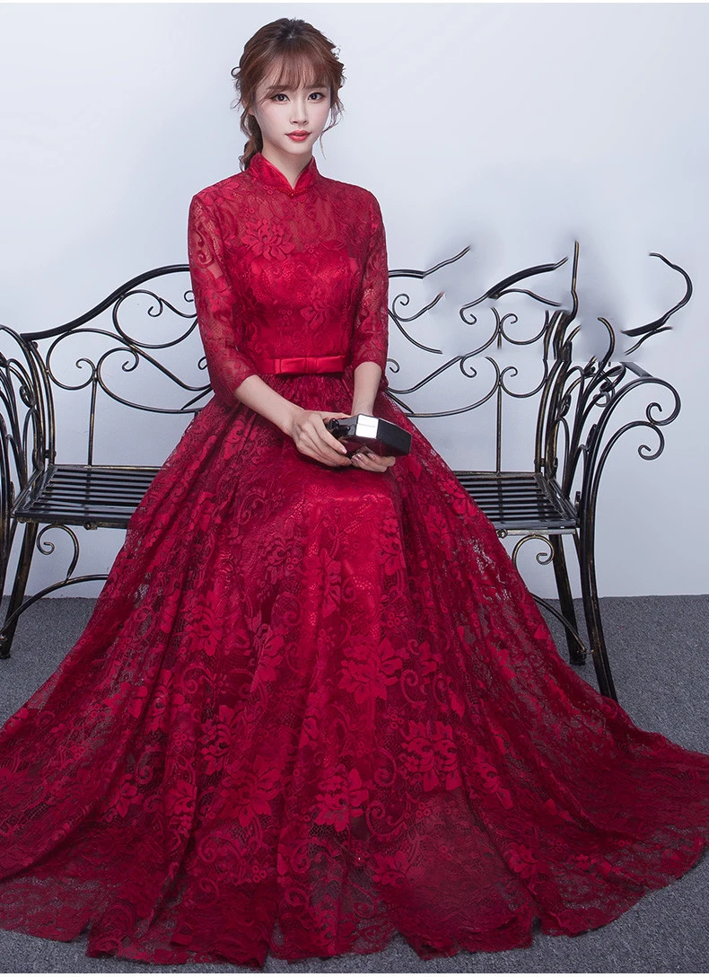 Vestidos de madrinha2019 новые кружевные платья с высоким воротом и 3/4 рукавом трапециевидной формы, Длинные Бордовые и красные дешевые платья подружек невесты до 50