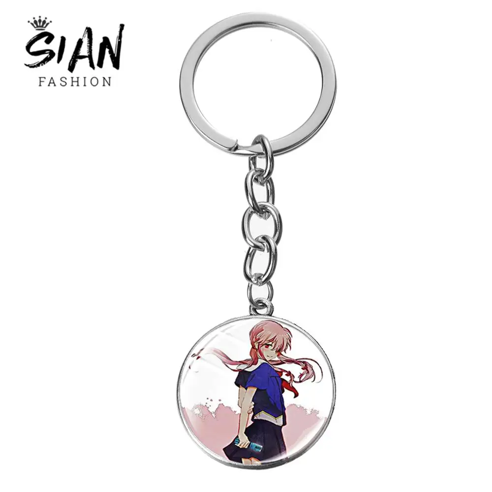 

SIAN Fashion Mirai Nikki Series Anime Keychain Future Diary Gasai Yuno Amano Yukiteru Cute Cartoon Figure Glass Cabochon Keyring