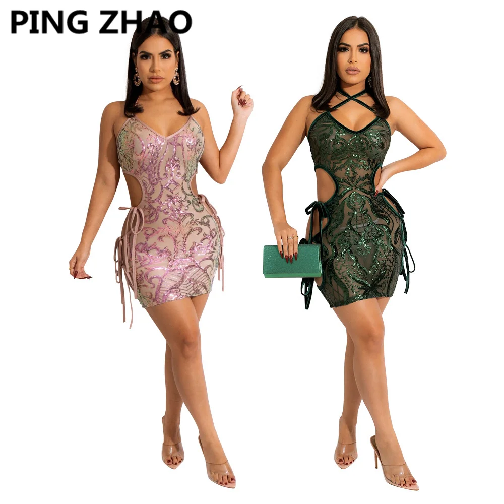 

Женское облегающее мини-платье с блестками и лямкой на шее