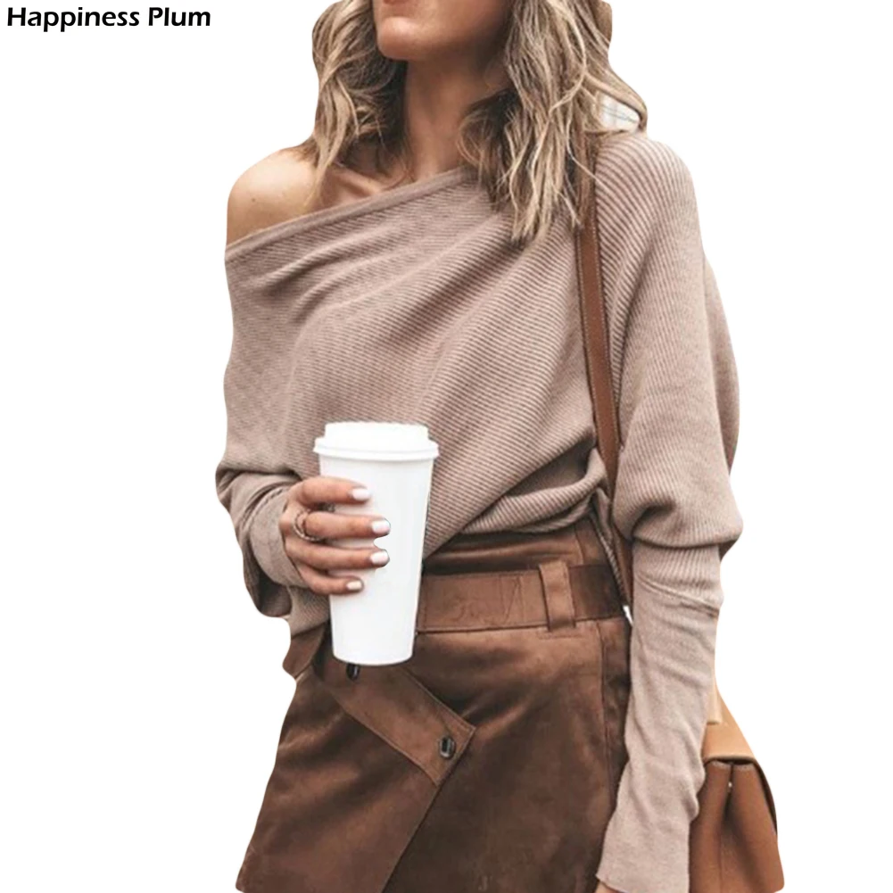 

Sexy Women Sweaters Solid Color Off Shoulder Long Sleeve Sweater Loose Knitted Pullover jumpers female streetwear jumper