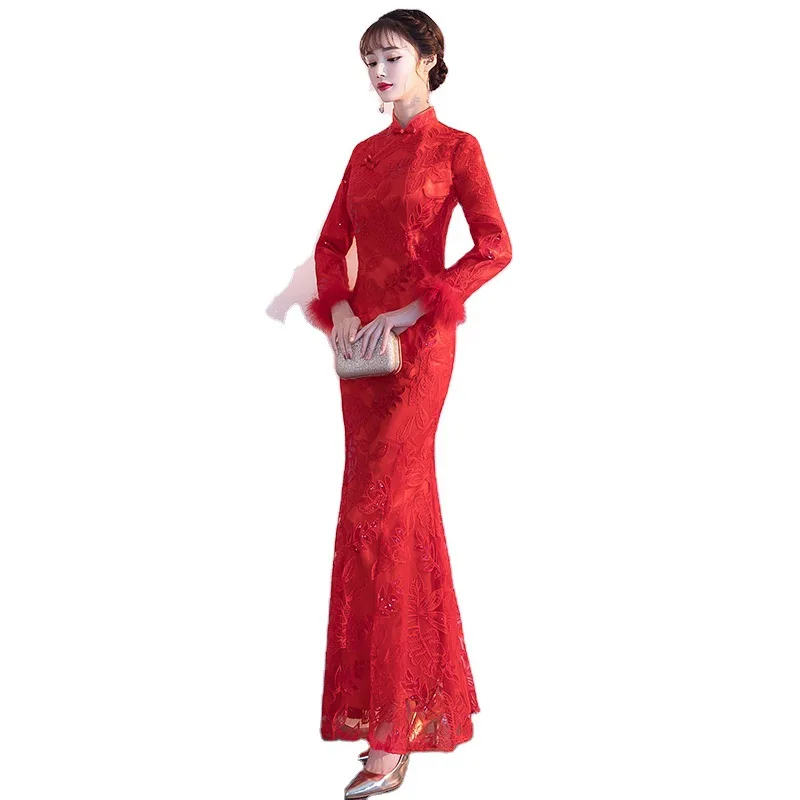 

Women Elegant Embroidery Qipao Exquisite Sequins Vintage Button Trim Cheongsam Sexy Slim Banquet Gown Red Mermaid Dress S-4XL
