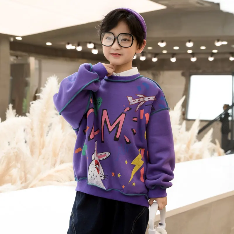 

Autumn Winter Kids Boys Thick Velvet Sweatshirt Cotton Teenage Graffiti Print Sport Top Cool Children Long Sleeve Casual Clothes