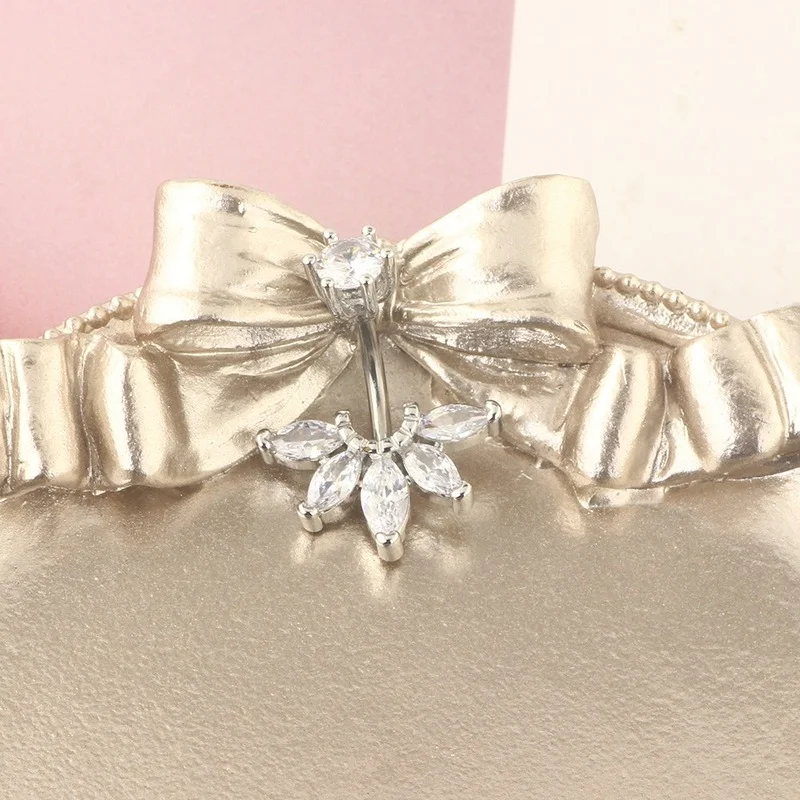 Пирсинг пупка для женщин из нержавеющей стали с цветами кристаллами Циркония