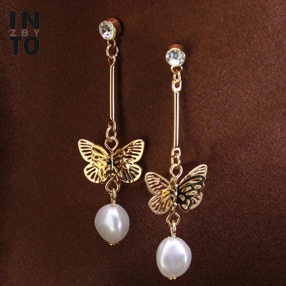 Женские серьги подвески в форме бабочки Into zby модные золотого цвета с жемчугом и